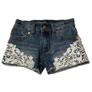 GUESS KIDS DENIM ADJUSTABLE RAW HEM SHORTS WITH LACE ACCENTS